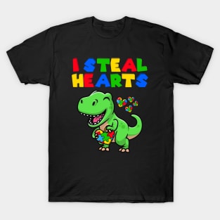 I Steal Hearts Autism Awareness Puzzle T Rex Dinosaurs Boys T-Shirt